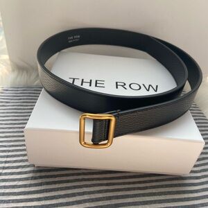 The Row Black Leather Belt with Gold Square Buckle